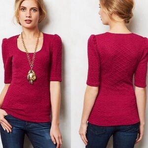 Anthropologie Deletta Athlone Quilted Jacquard Puff Sleeve Top W-482 Sz M